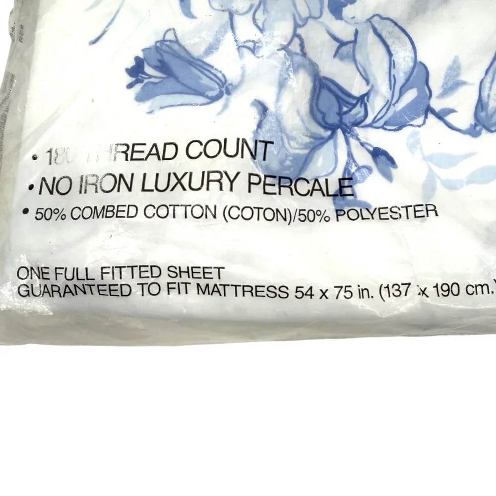 VTG NIP CANNON ROYAL FAMILY 1990 ANGELICA BLUE FLORAL FULL FITTED SHEET COTTAGE